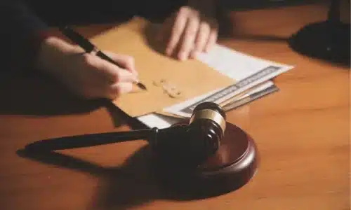 محامٍ مختص بقضايا الإصابات الشخصية يوقع على ظرف يحتوي على مستندات لإرسالها إلى عميل.