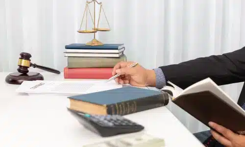 محامي حوادث القوارب يوقع على بعض الملفات ويحمل دفتر ملاحظات مفتوحًا بيده اليسرى أثناء جلوسه داخل مكتب محاماة في هيوستن.