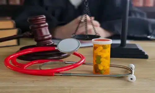 مكتب محامي أخطاء طبية في نوجاليس عليه سمّاعة طبيب ومطرقة قاضٍ وعلبة دواء على طاولة خشبية.