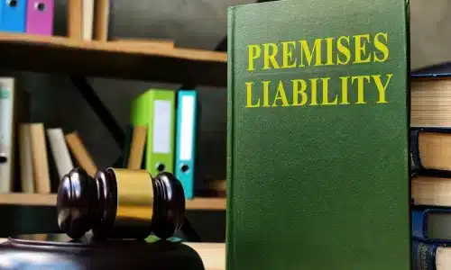 كتاب قانون مسؤولية المباني ومطرقة قاضٍ موضوعان على مكتب محامي مسؤولية مبانٍ في نوجاليس.