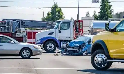 شاحنة نصف مقطورة بيضاء وزرقاء اصطدمت بسيارة زرقاء متضررة في حادث.