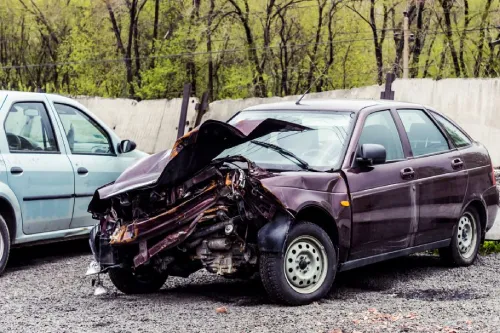 Un auto morado destrozado en un estacionamiento después de una colisión con otro vehículo.