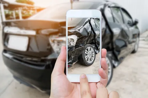 Una víctima de un accidente tomando una fotografía de los daños sufridos por un coche de empresa.