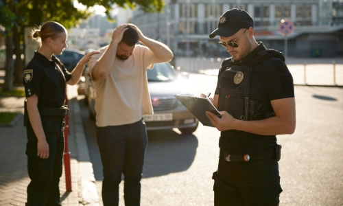 Un oficial escribiendo un informe policial mientras su compañero consola a una víctima del accidente.