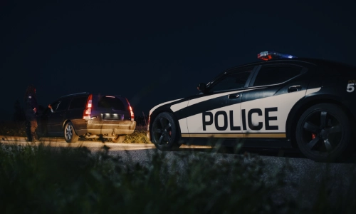 Un oficial policial checando el conductor de un vehículo en la carretera de noche.