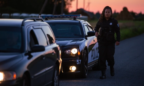 Un oficial policial saliendo de su auto y caminando a un auto involucrado en un accidente.