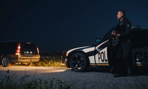 Un oficial policial dejando su auto para acercarse al vehículo de una víctima de accidente.