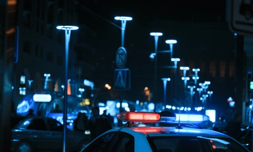 Un auto policial en medio de una ciudad estrenduosa de noche.