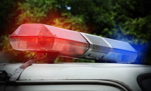 Un primer plano de las luces intermitentes de un coche de policía con árboles desenfocados al fondo.
