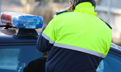 Un oficial de policía con su chaleco de seguridad en su teléfono mientras está de espaldas a su coche.