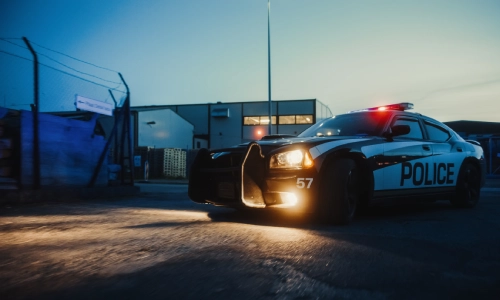 Un coche de policía al atardecer aparcado junto a una puerta a lo largo de la calle.