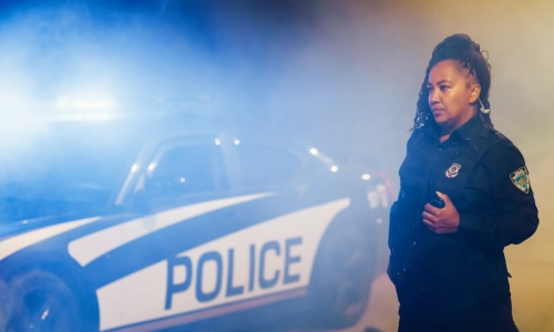 Una oficial de policía con la mano en su radio mirando a la distancia después de salir de su vehículo.