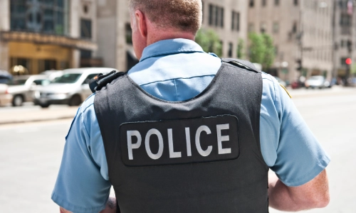 Un oficial de policía mirando a su izquierda mientras patrulla una calle concurrida de la ciudad.