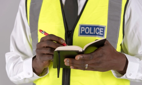 Un oficial de policía con un cuaderno y un bolígrafo en la mano tomando notas.