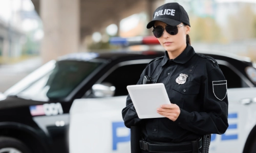 Una oficial de policía sosteniendo un portapapeles en su mano mientras documenta la escena de un accidente.