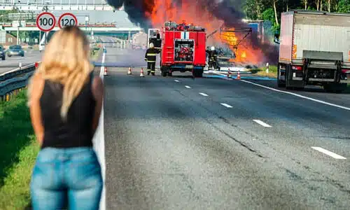 A woman keeping a safe distance from an accident on the highway while emergency services handle it.