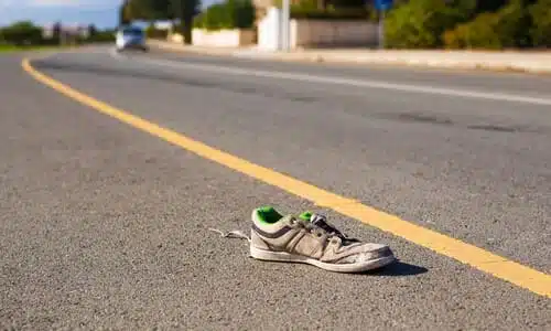 A pedestrian's shoe in the middle of the road with a hit-and-run vehicle driving away in the background.