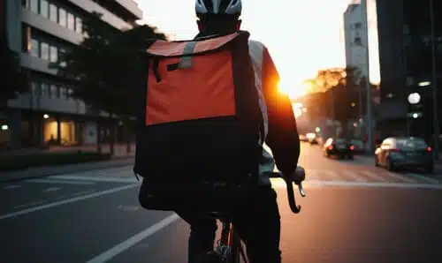 A rear-view shot of a cyclist with a backpack riding on a city street.