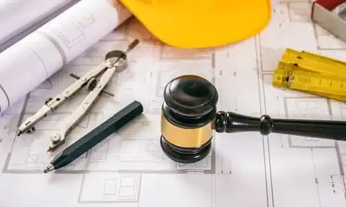 A judge's gavel resting on house blueprints among a clutter of construction site items including a hard hat. 