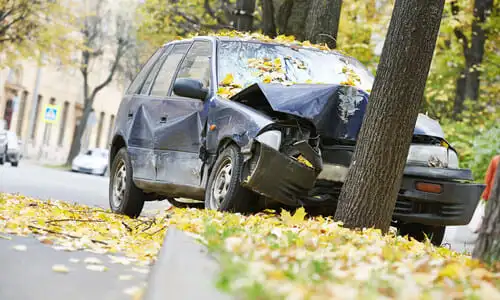 An accident where a dark blue car crashed into a tree.