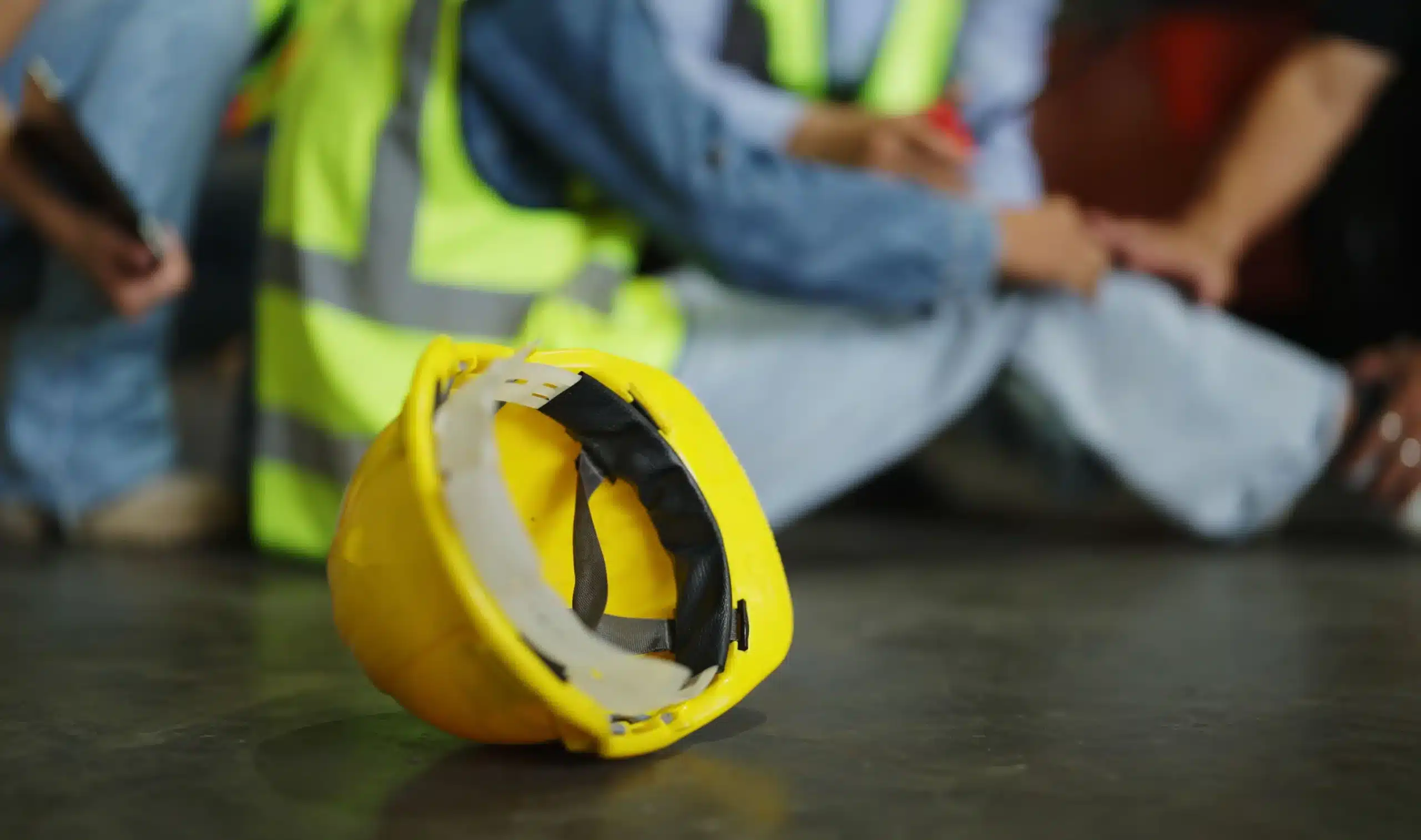 A construction helmet in the foreground with workers helping an injured colleague in the background.