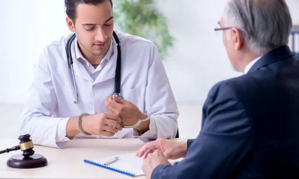 A doctor embarrassedly locking himself in handcuffs in front of a lawyer.