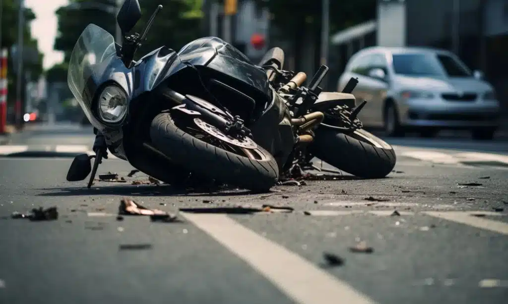 A motorcycle on its side in the middle of a town road in the day.