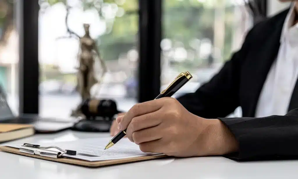 A lawyer in an office going over files for a client's workers' compensation claim.