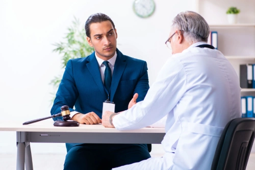 A lawyer glaring at a doctor charged with medical malpractice.