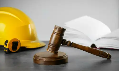 A helmet and tape measure next to a gavel resting on its soundblock.