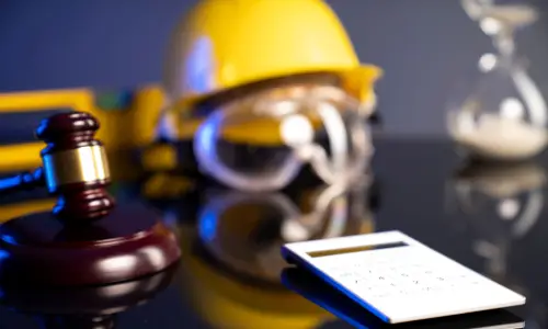 A gavel and soundblock next to a calculator and with a safety helmet and goggles in the background.