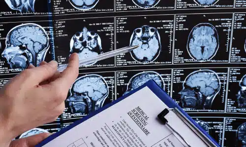 A doctor holding up a clipboard and pointing with a pen at a brain scan on a viewing board.