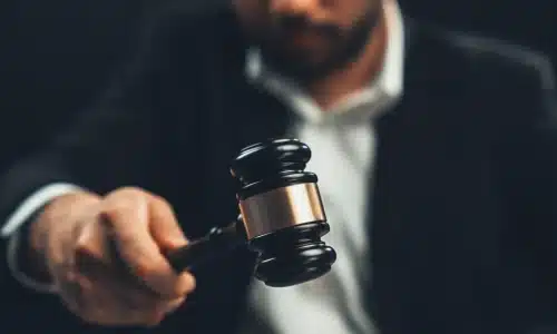 A closeup shot of a daycare accident lawyer holding his gavel over a soundblock.