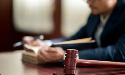 A depth of field shot of a personal injury lawyer reading documents while seated at his desk.