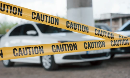 Police tape blocking the view of an out of focus car accident scene.