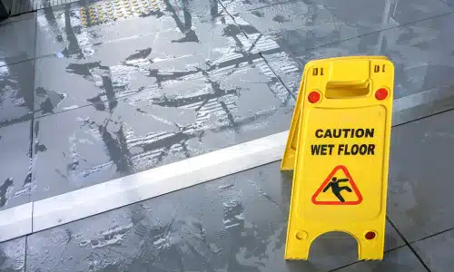 A wet floor sign warning against a hazard on a tiled floor.