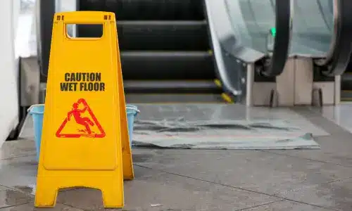 A yellow wet floor sign next to a bucket at the base of escalator steps.