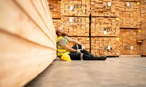 A man in a warehouse groaning and holding his injured leg.