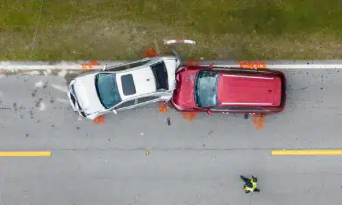 An overhead view of a rear-end accident between two vehicles on a suburban road.
