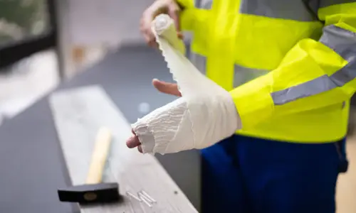 An injured construction worker wrapping his hand in bandages.