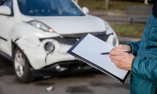 A driver looking over his insurance policy with his damaged vehicle in the background.