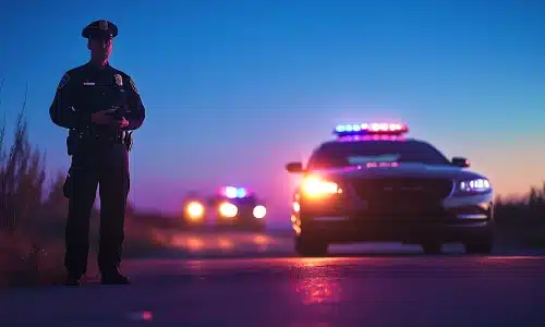 Police cars on a road in the evening responding to the scene of an accident.