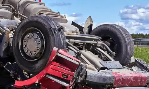 An overturned truck lying in the middle of the road.
