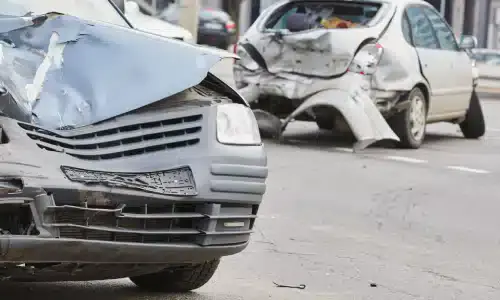 Two cars stopped after a road accident damaged them.