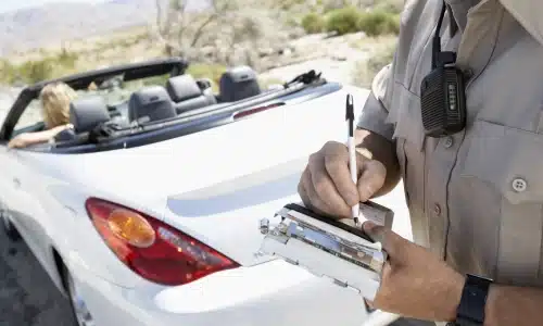 A patrol officer taking notes while standing behind a white convertible.