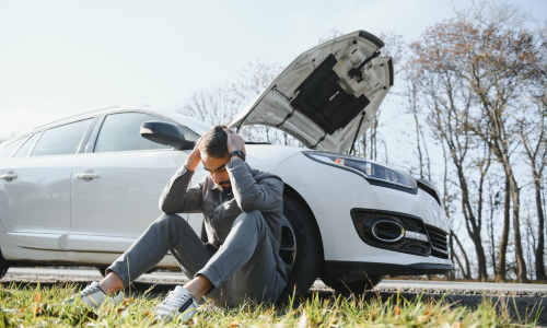 A hit and run accident victim seated next to his vehicle with his head in his hands.
