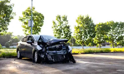 A black car parked in a parking lot having sustained damage from an accident.