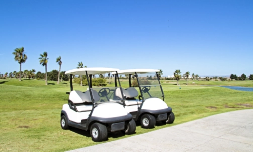 Two golf carts on a course parked next to each other.