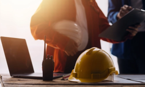 A hardhat worker consulting with a lawyer and holding his helmet under his arm.