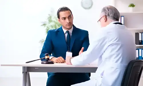A medical malpractice lawyer having a word with an at-fault doctor in handcuffs after a case.